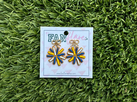 Game Day Clay Pom Pom Earrings, Royal Blue and Yellow Cheer Earrings