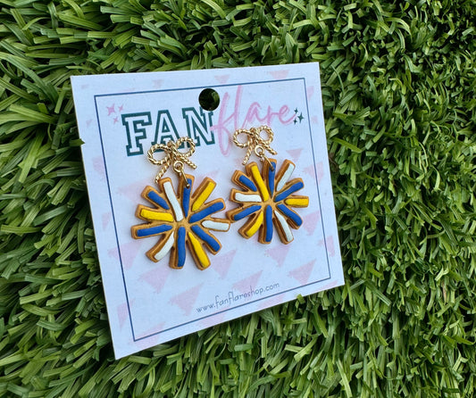 Game Day Clay Pom Pom Earrings, Royal Blue and Yellow Cheer Earrings