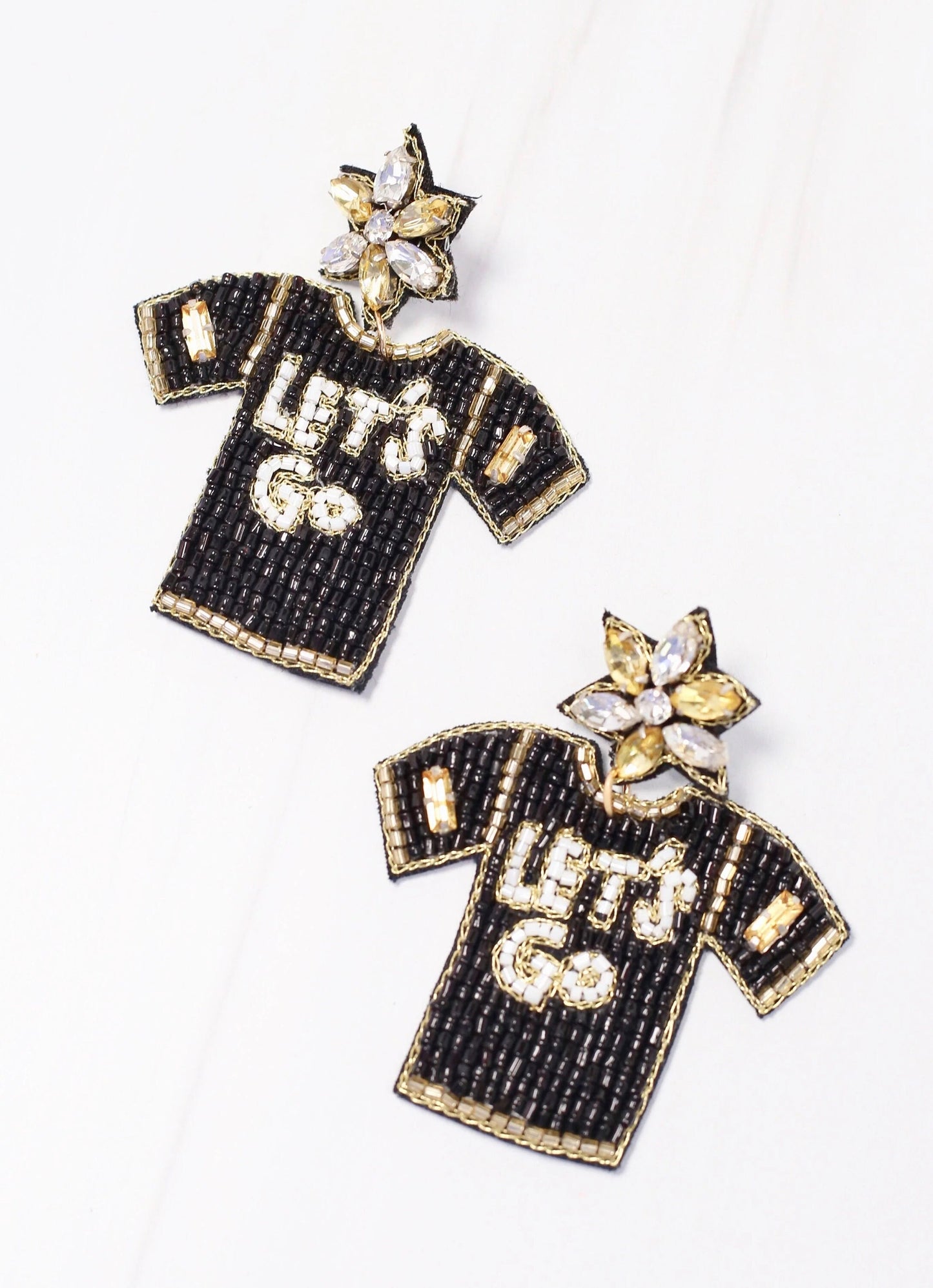 Beaded LET'S GO Football Jersey Game Day Earrings | Black and Gold
