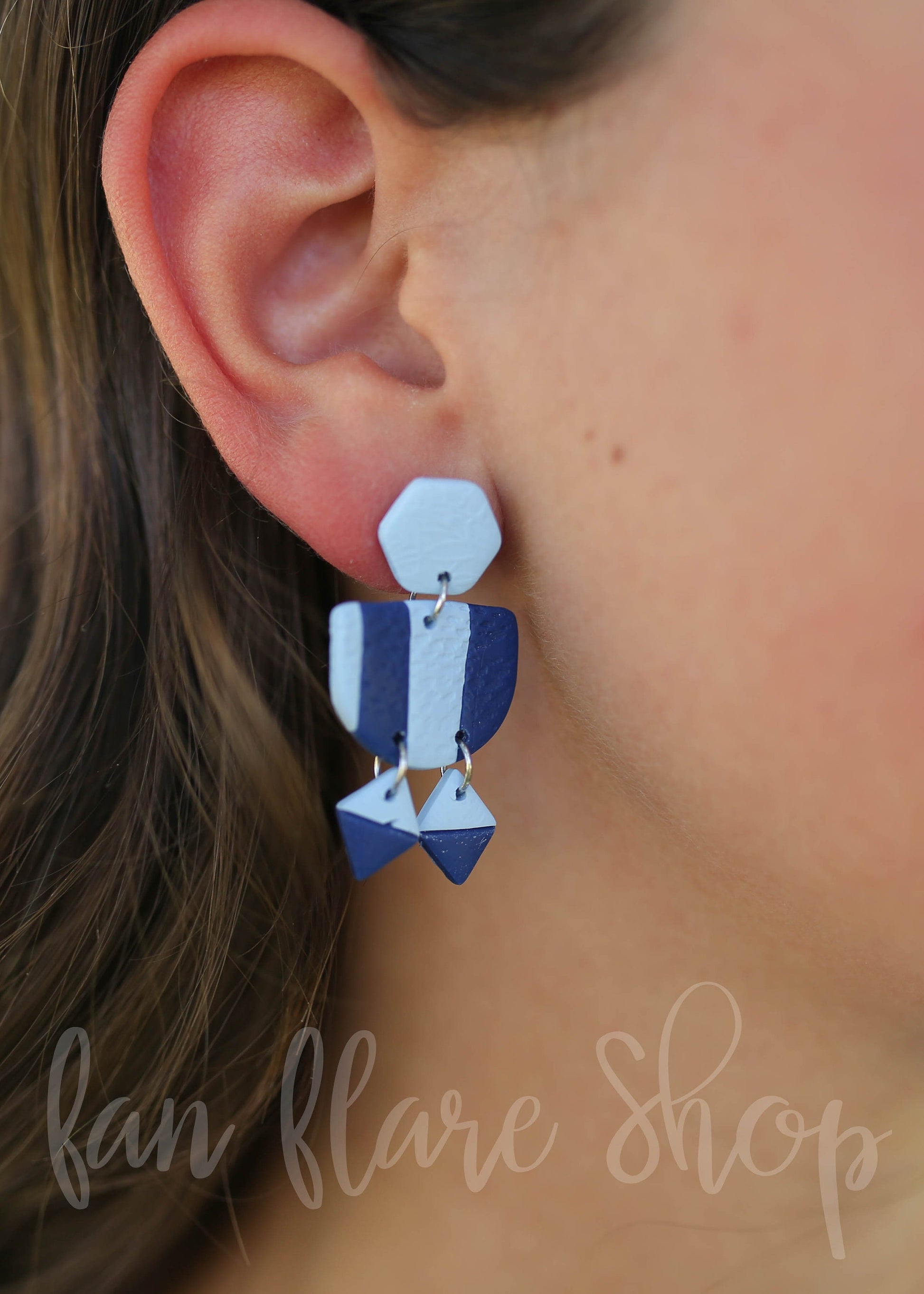 Geometric Stripe Game Day Clay Earrings | Light Blue and Navy
