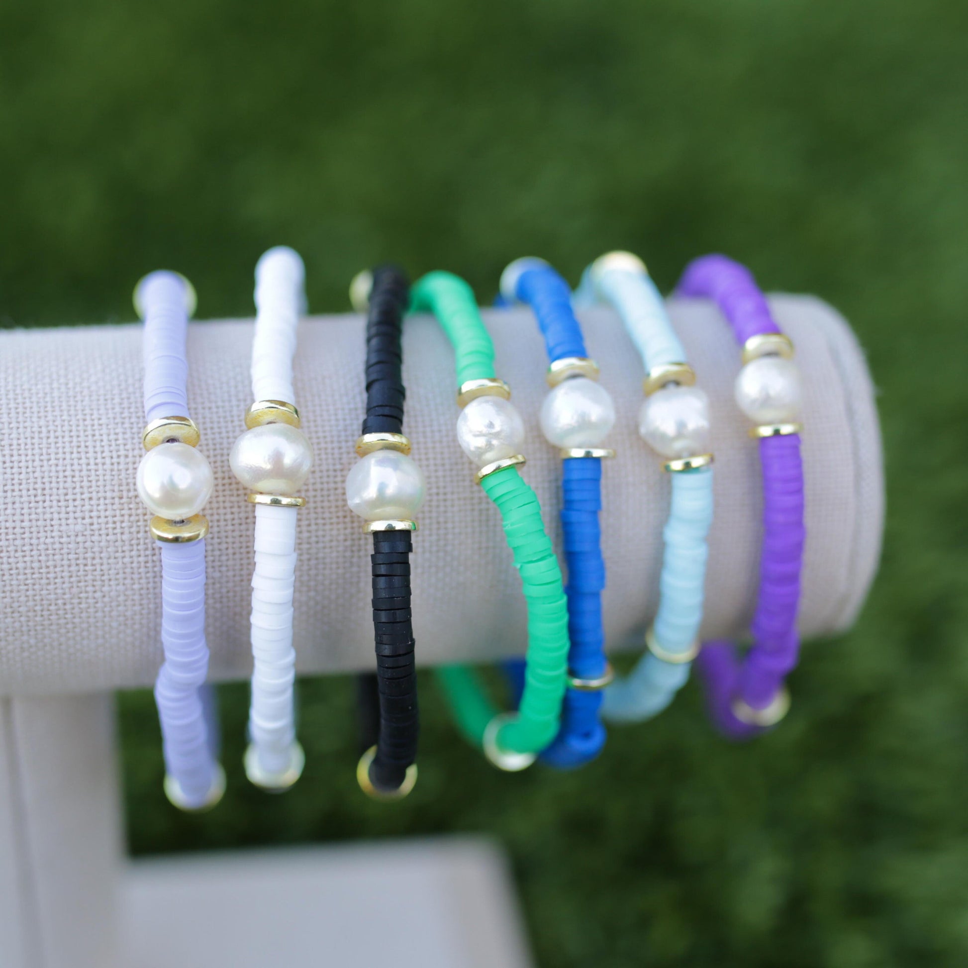 Pearl + Clay Bead Stretch Game Day Bracelet