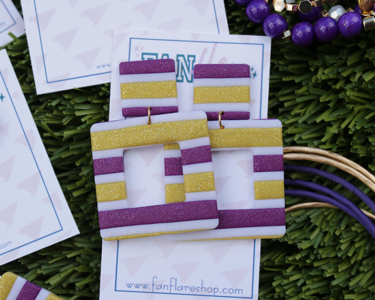 White + Purple + Gold Striped Collection | Game Day Earrings