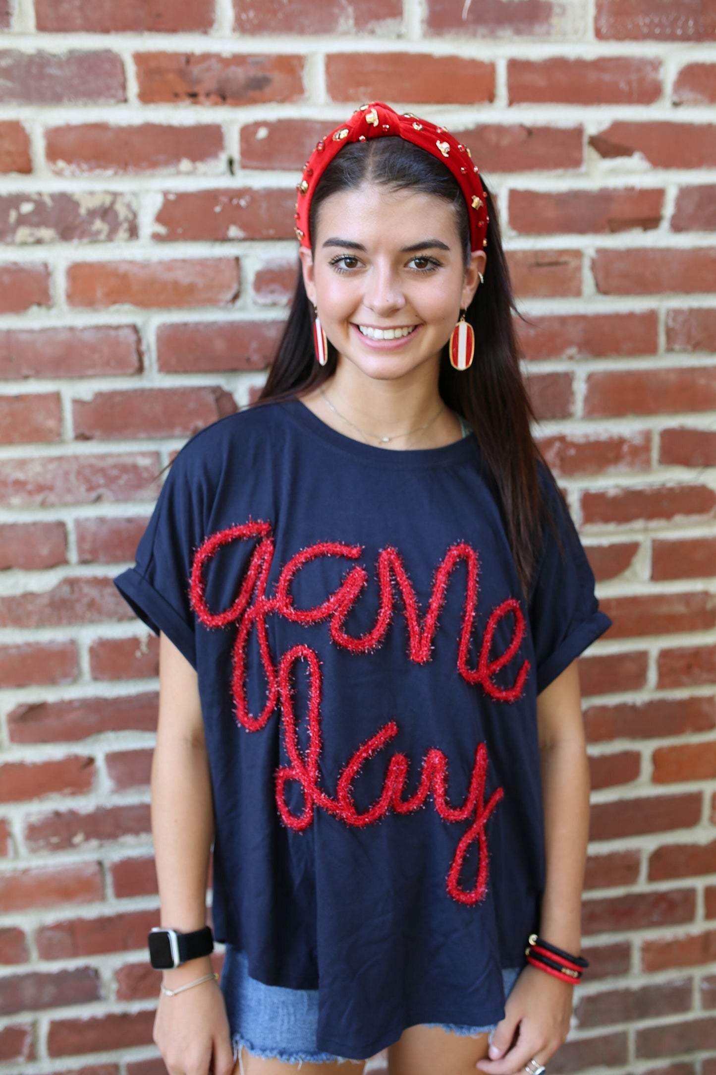 Navy + Red Metallic Letter Game Day Shirt