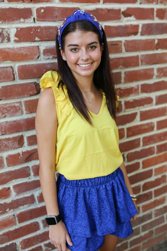 Yellow Ruffle Shoulder Sleeveless Game Day Top - Fan Flare