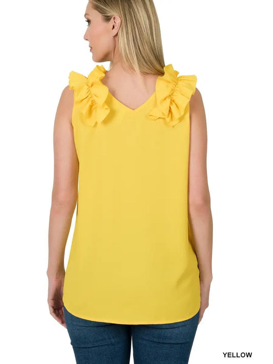 Yellow Ruffle Shoulder Sleeveless Game Day Top - Fan Flare