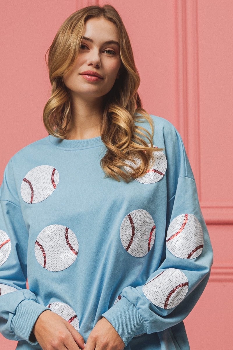 Baby Blue Sequin Baseball Long Sleeve Game Day Shirt