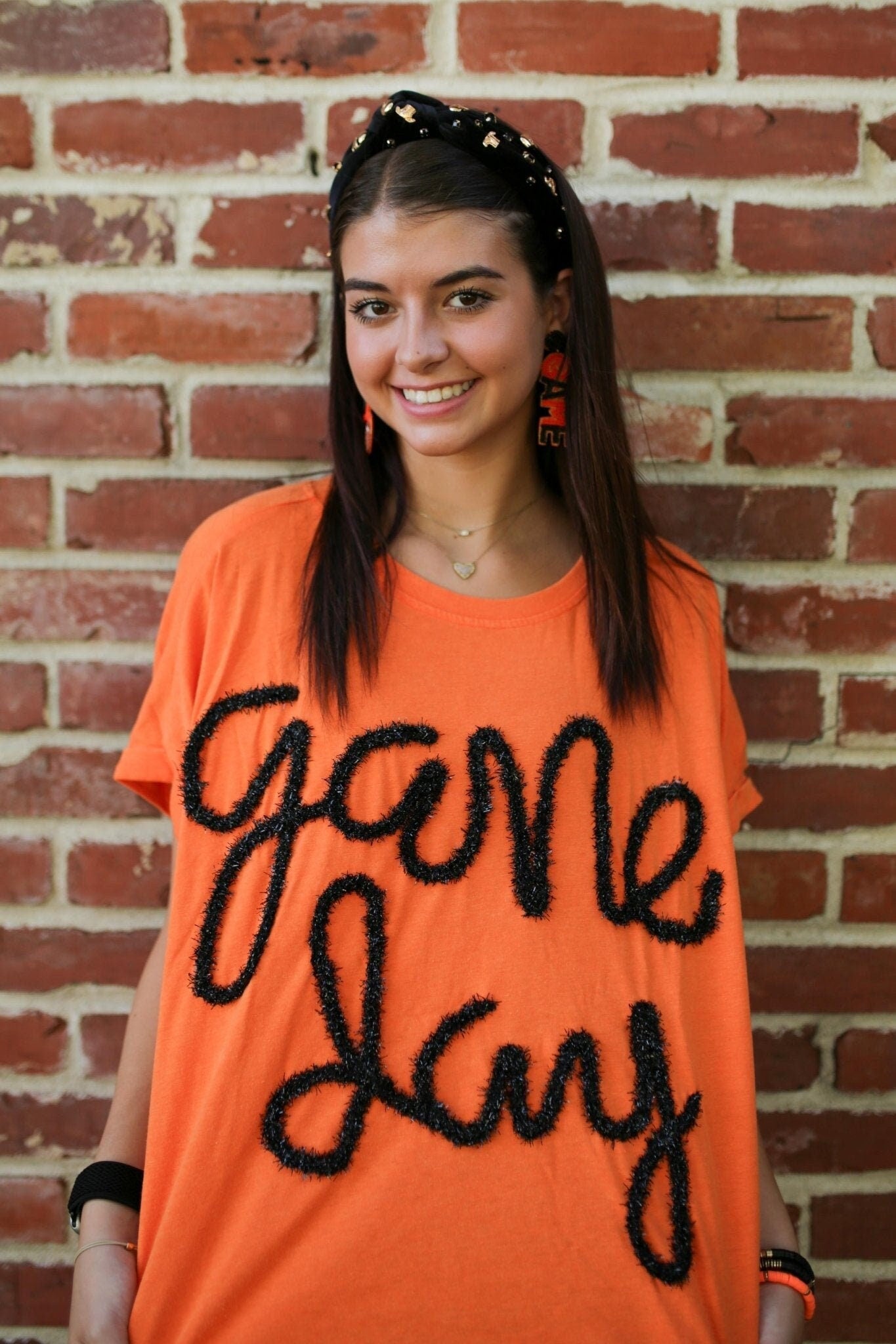 Orange + Black Metallic Letter Game Day Letter Top - Fan Flare