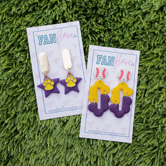 Game Day Clay Purple and Gold Baseball Earrings