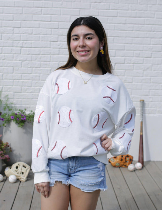 White Long Sleeve Sequin Baseball Patch Shirt