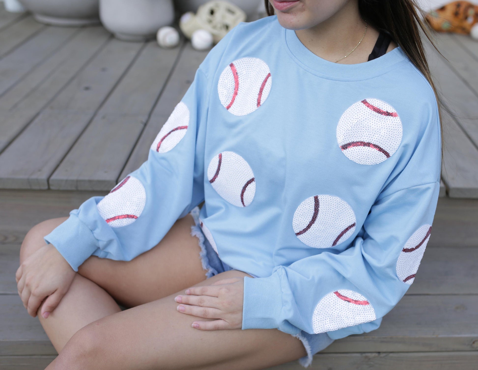 Baby Blue Sequin Baseball Long Sleeve Game Day Shirt