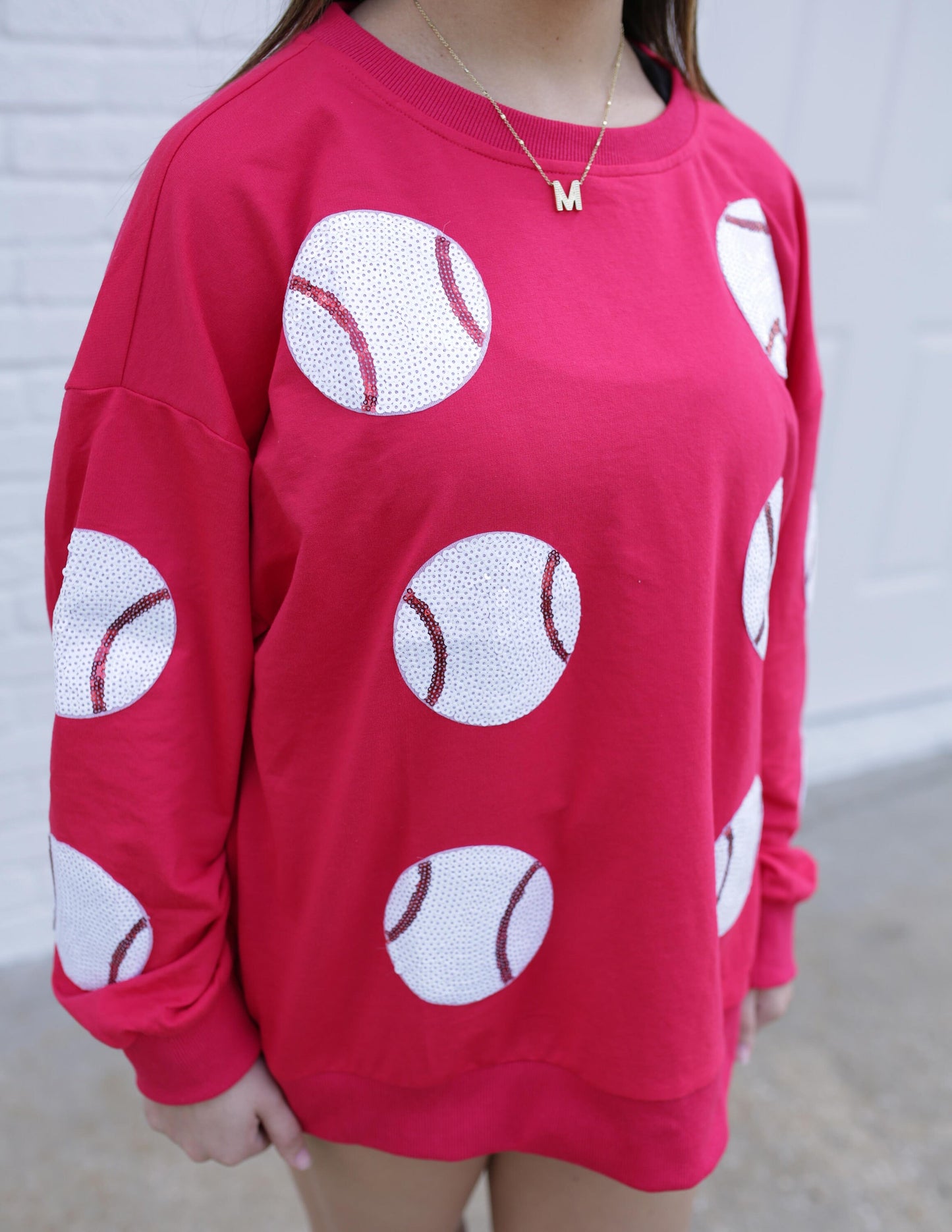 Red Long Sleeve Sequin Baseball Patch Shirt