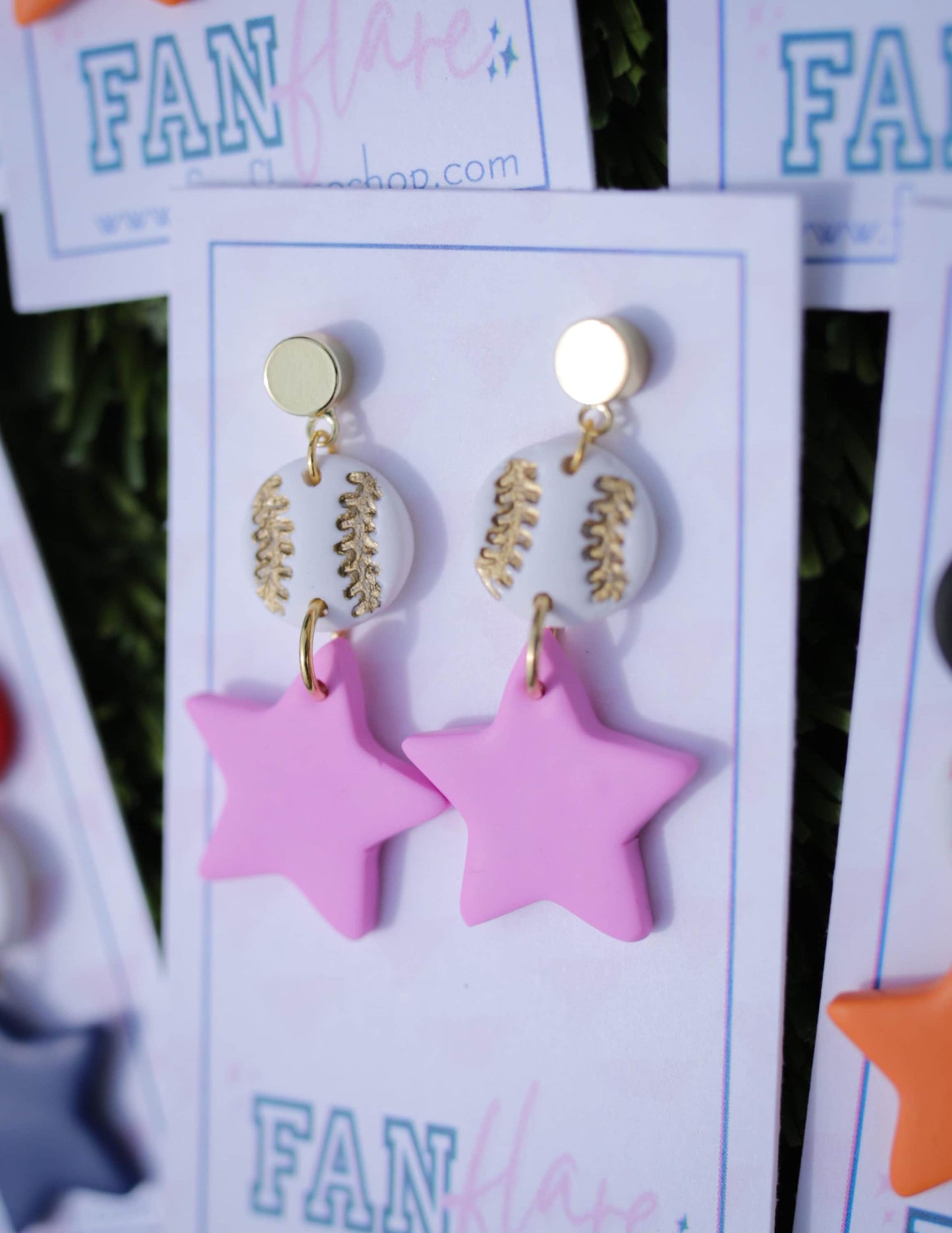 Game Day Clay Pink and Gold Star Baseball Earrings