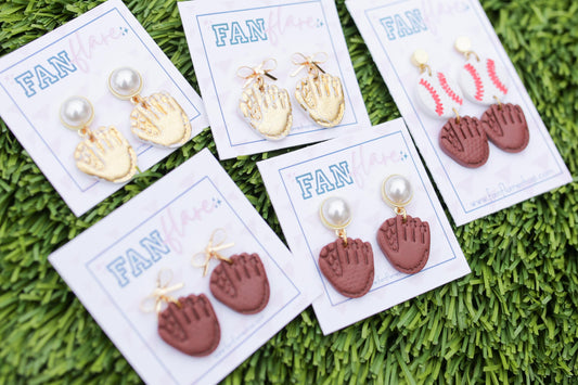 Game Day Clay Baseball Earrings / Distressed Gold Glove Earrings / Baseball Glove Earrings