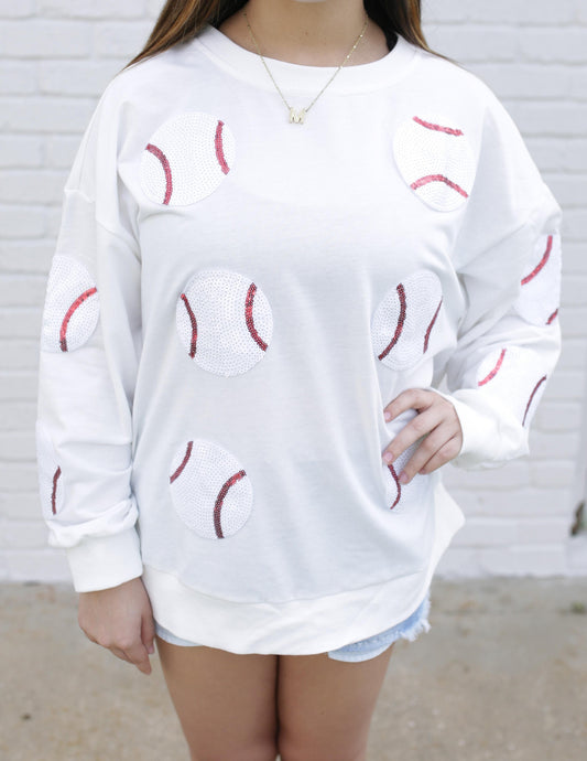 White Long Sleeve Sequin Baseball Patch Shirt