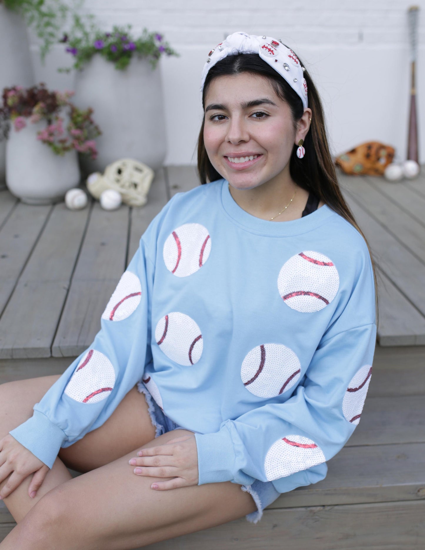 Baby Blue Sequin Baseball Long Sleeve Game Day Shirt