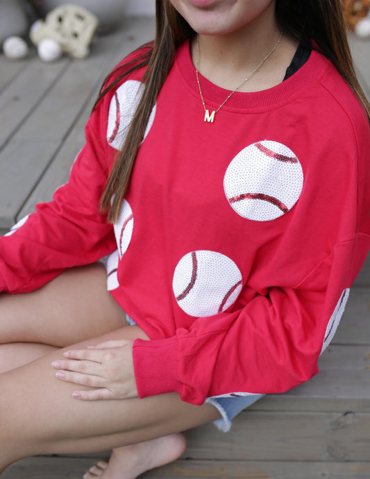 Red Long Sleeve Sequin Baseball Patch Shirt