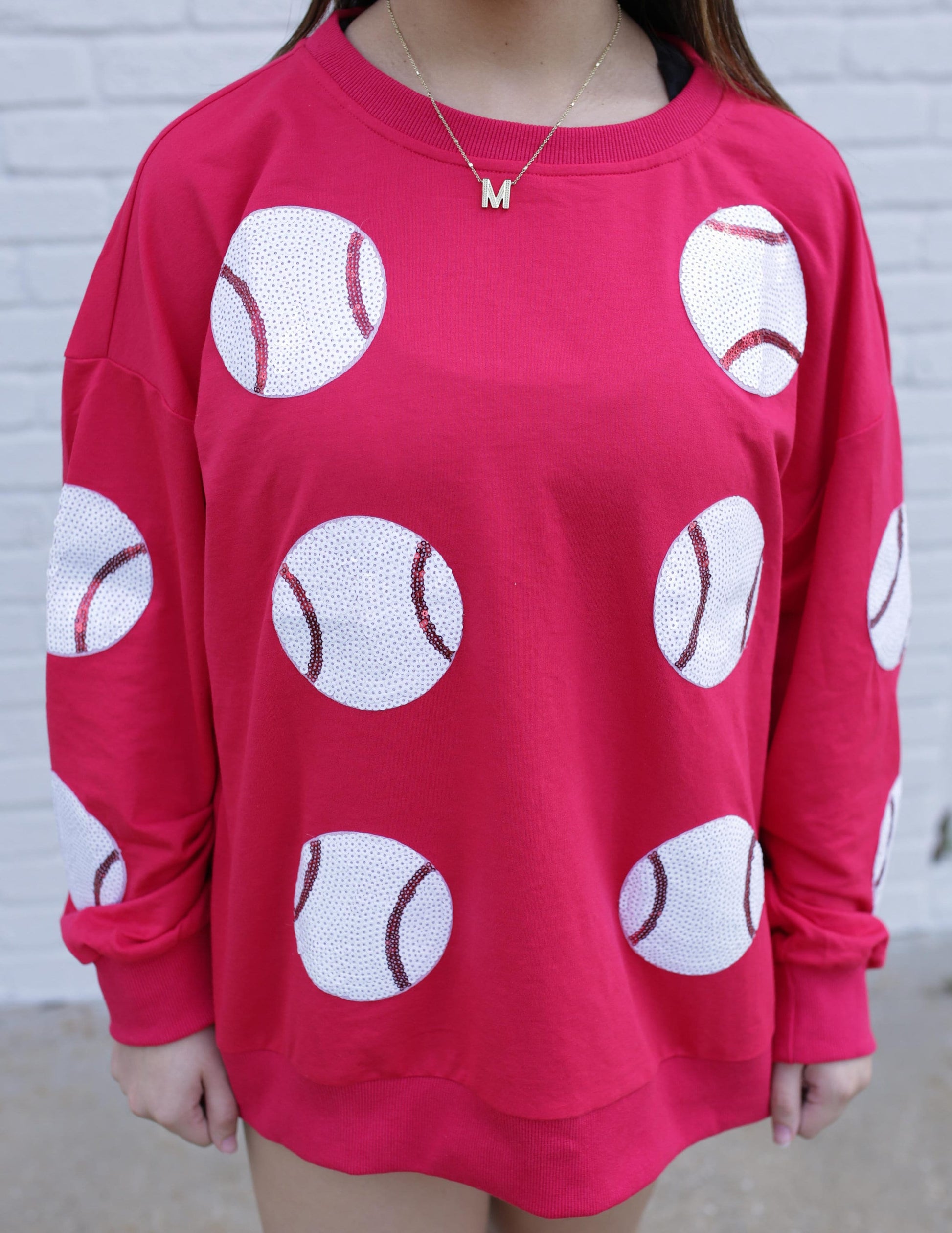 Red Long Sleeve Sequin Baseball Patch Shirt