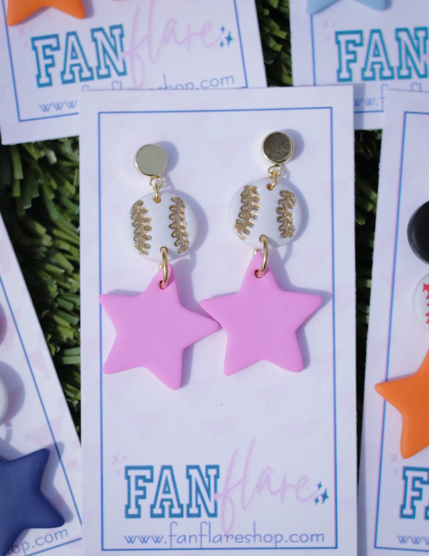 Game Day Clay Pink and Gold Star Baseball Earrings