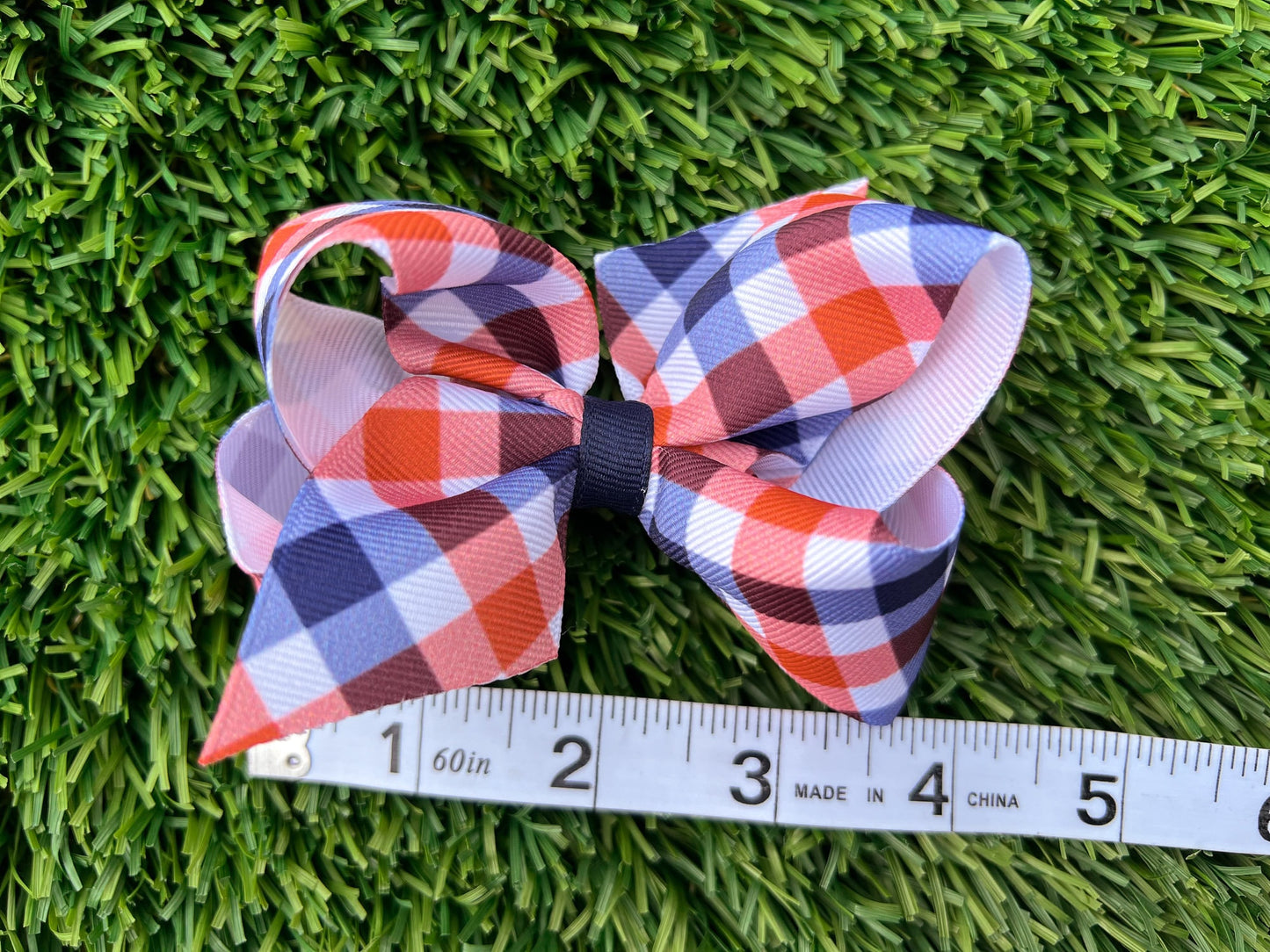 Navy & Orange Gingham Bow / Game Day / Grosgrain