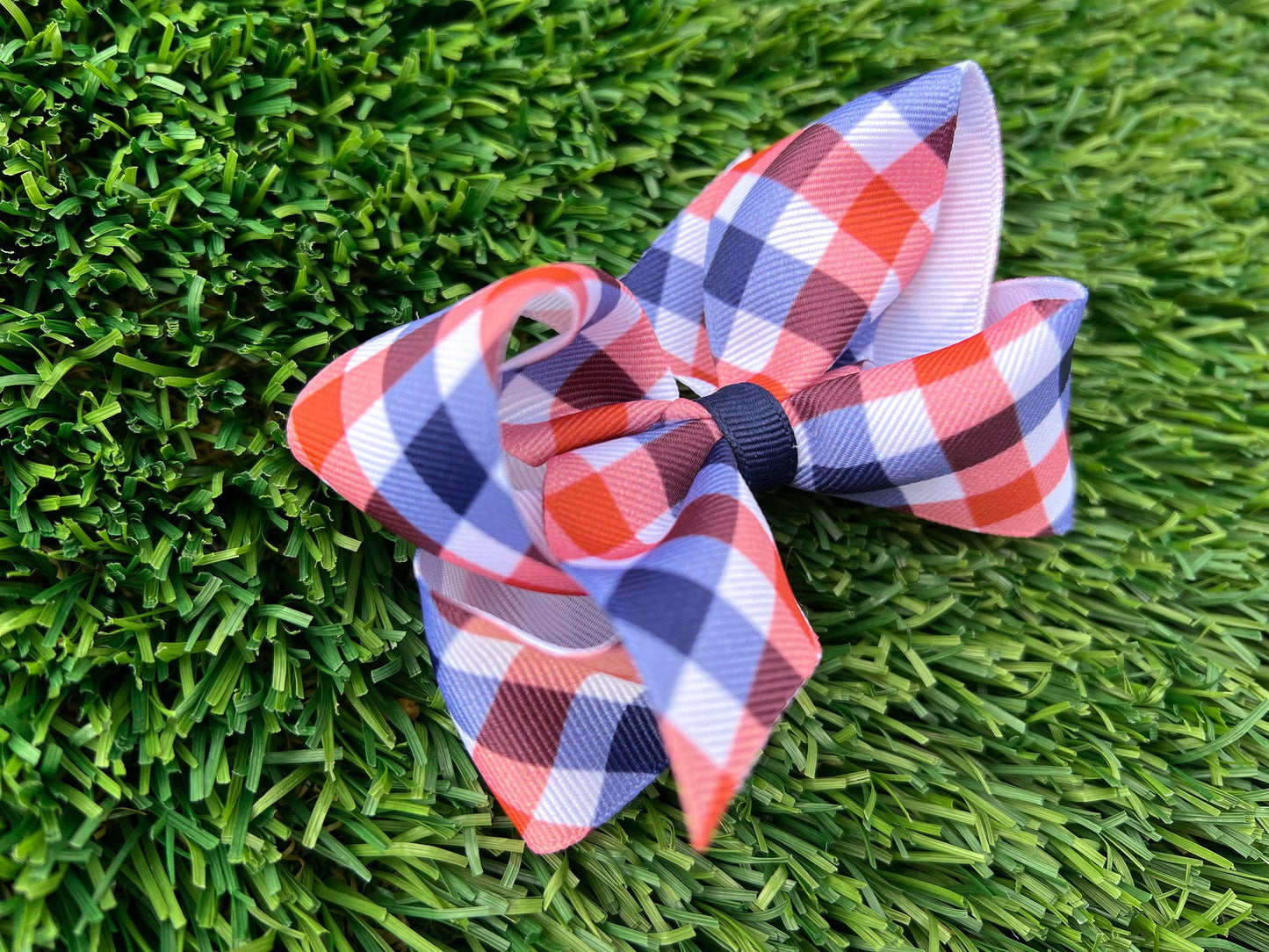 Navy & Orange Gingham Bow / Game Day / Grosgrain