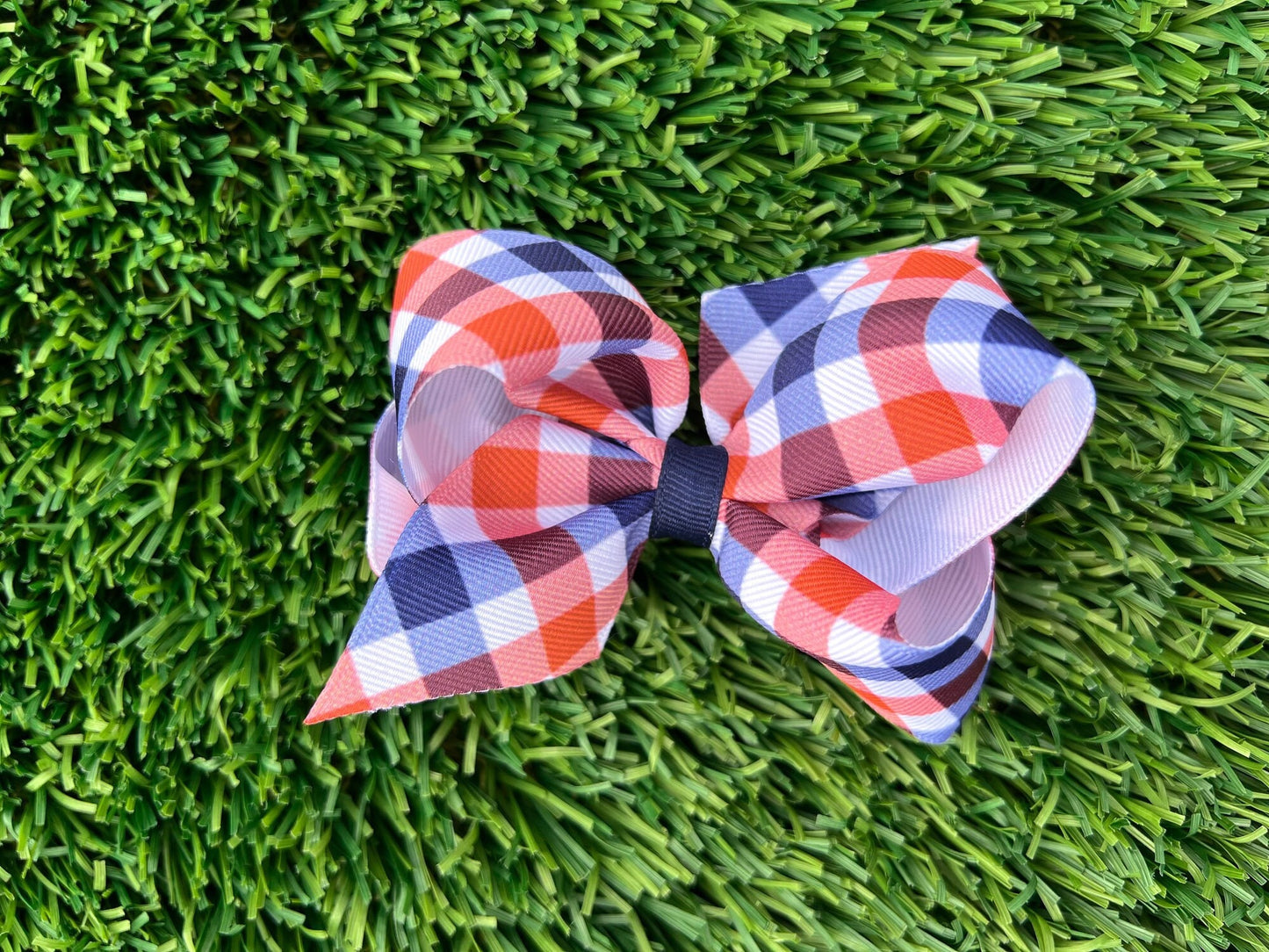 Navy & Orange Gingham Bow / Game Day / Grosgrain