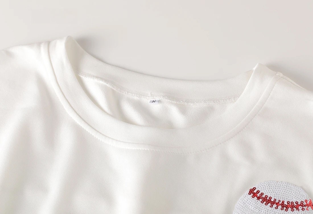 White Short Sleeve Sequin Baseball Patch Shirt