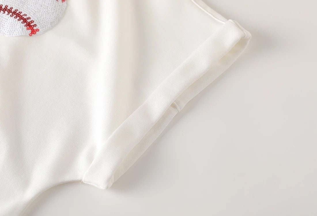 White Short Sleeve Sequin Baseball Patch Shirt