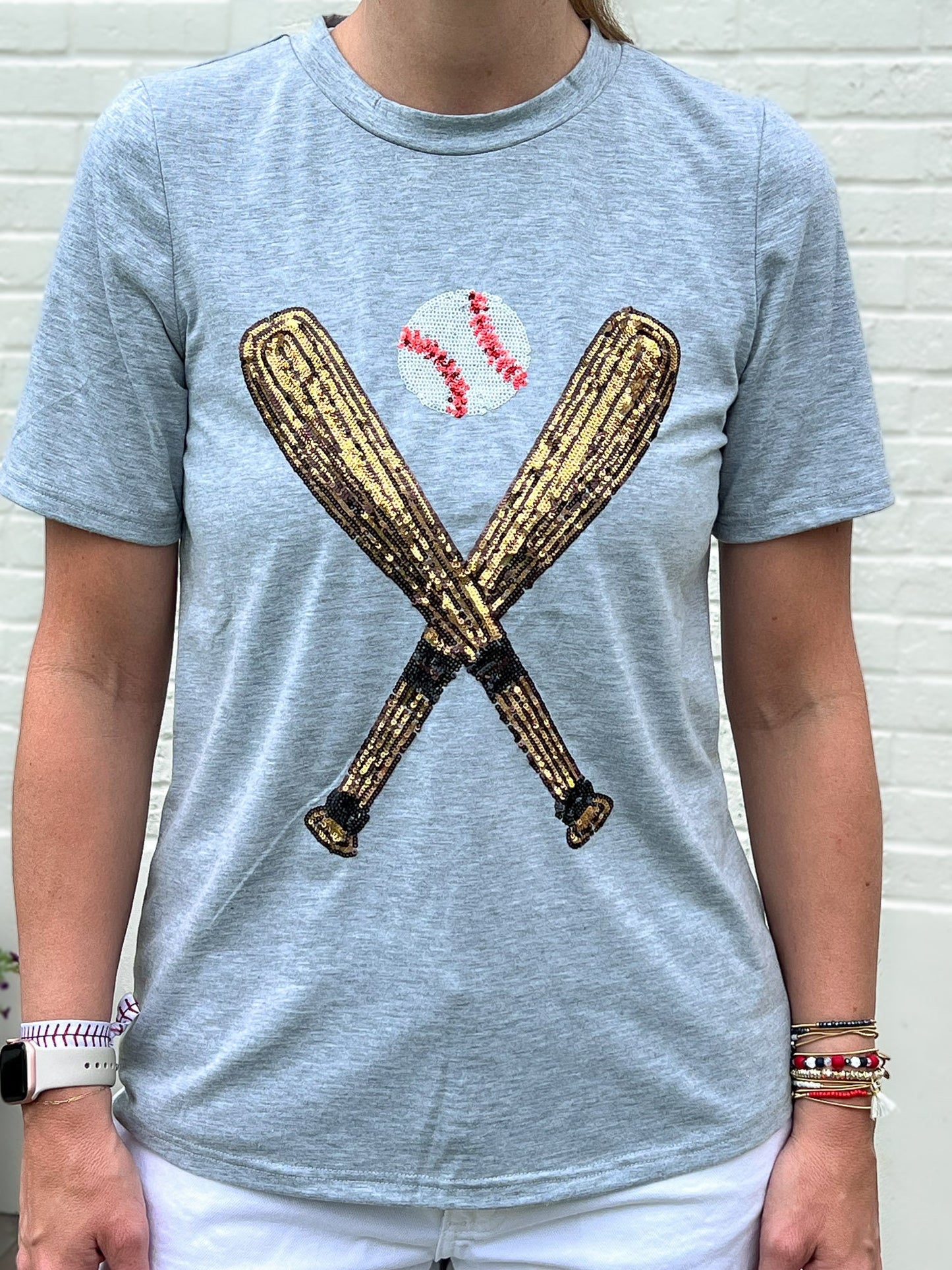 Sequin Baseball and Bat Patch Gray Shirt