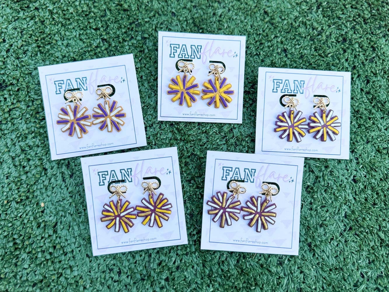 Game Day Clay Pom Pom Earrings, Purple and Yellow Cheer Earrings