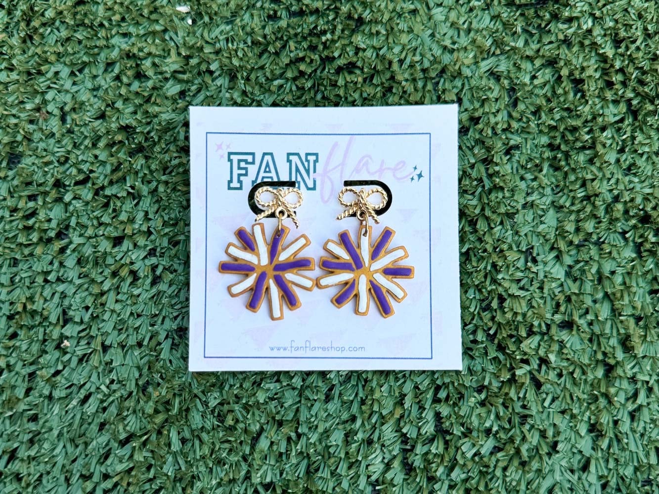 Game Day Clay Pom Pom Earrings, Purple and Yellow Cheer Earrings