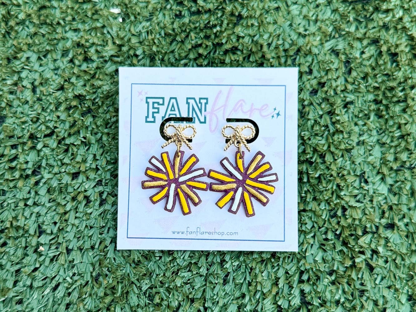 Game Day Clay Pom Pom Earrings, Purple and Yellow Cheer Earrings