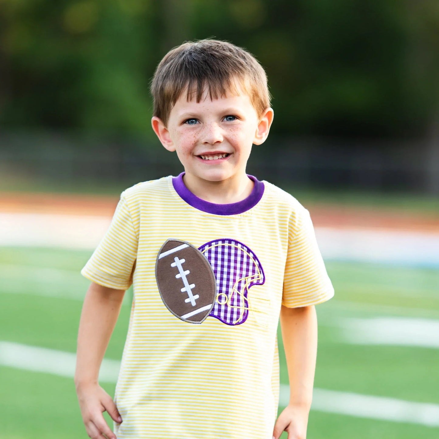 Football Applique T-Shirt Purple and Yellow Stripe - Fan Flare