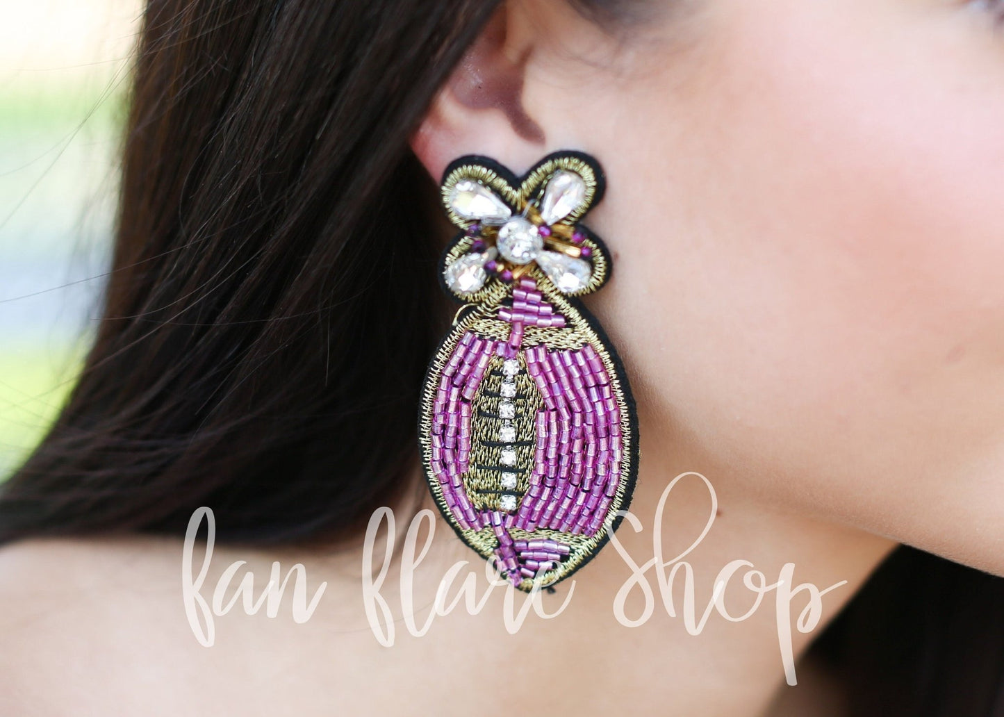 Purple and Gold Flower Beaded Football Earrings | Game Day| Seed Bead - Fan Flare